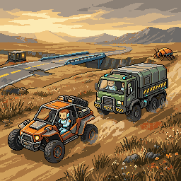 A convoy of buggies and trucks crossing the wasteland