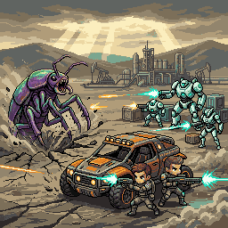 Mutated wildlife and Selenite security robots threatening a convoy
